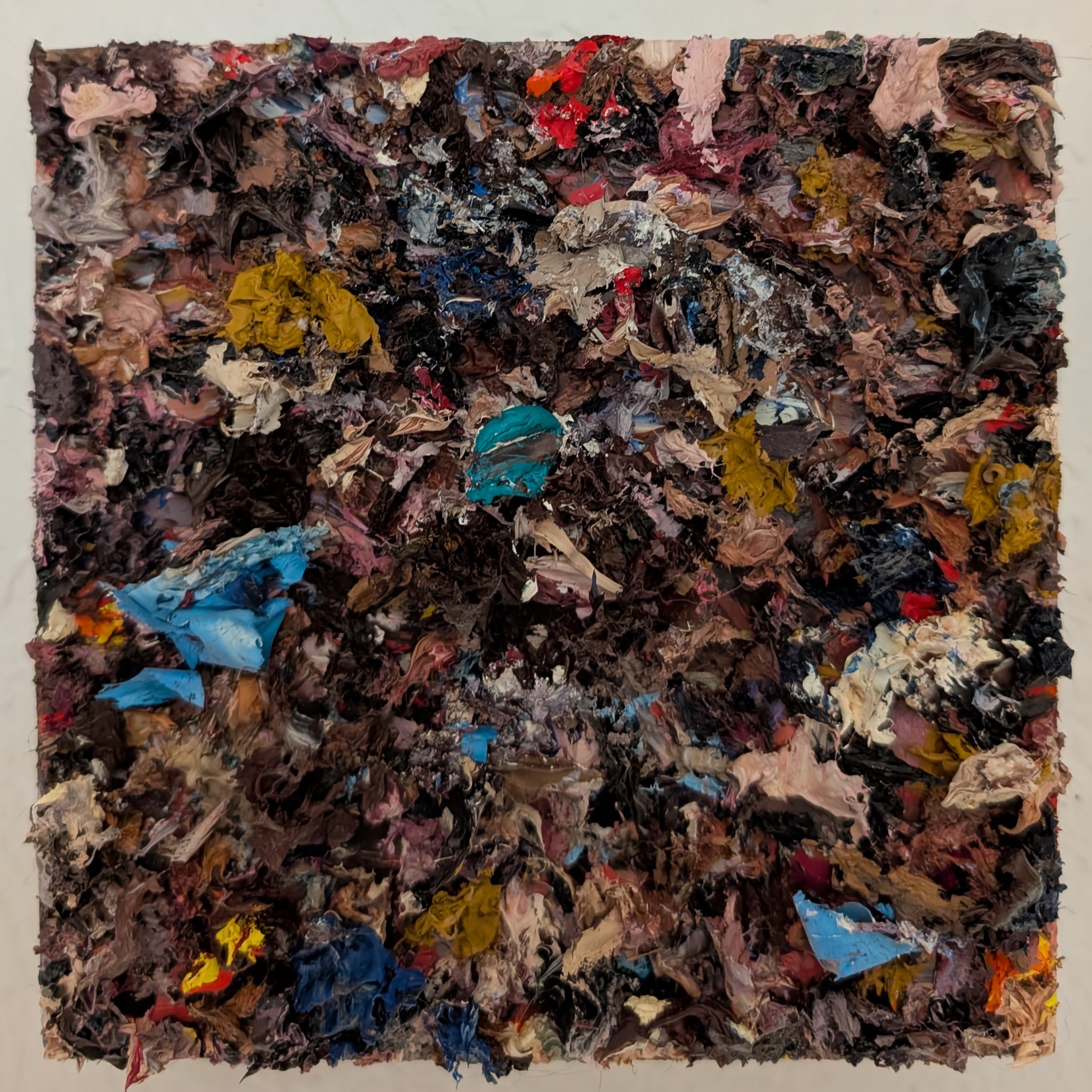 Thick ribbons of oil paint on panel. Abstract.