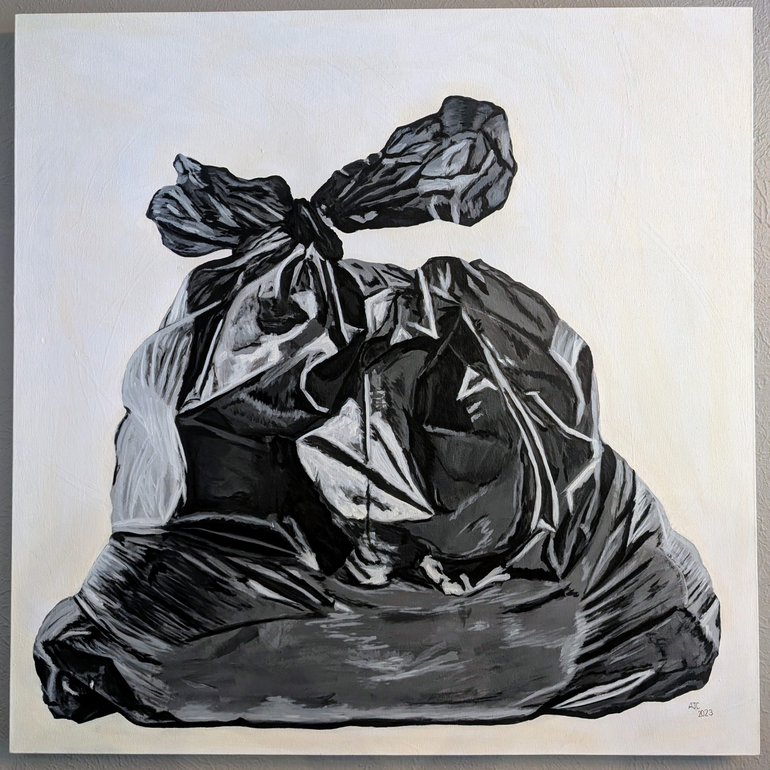 Oil painting of a bag of garbage on a white background