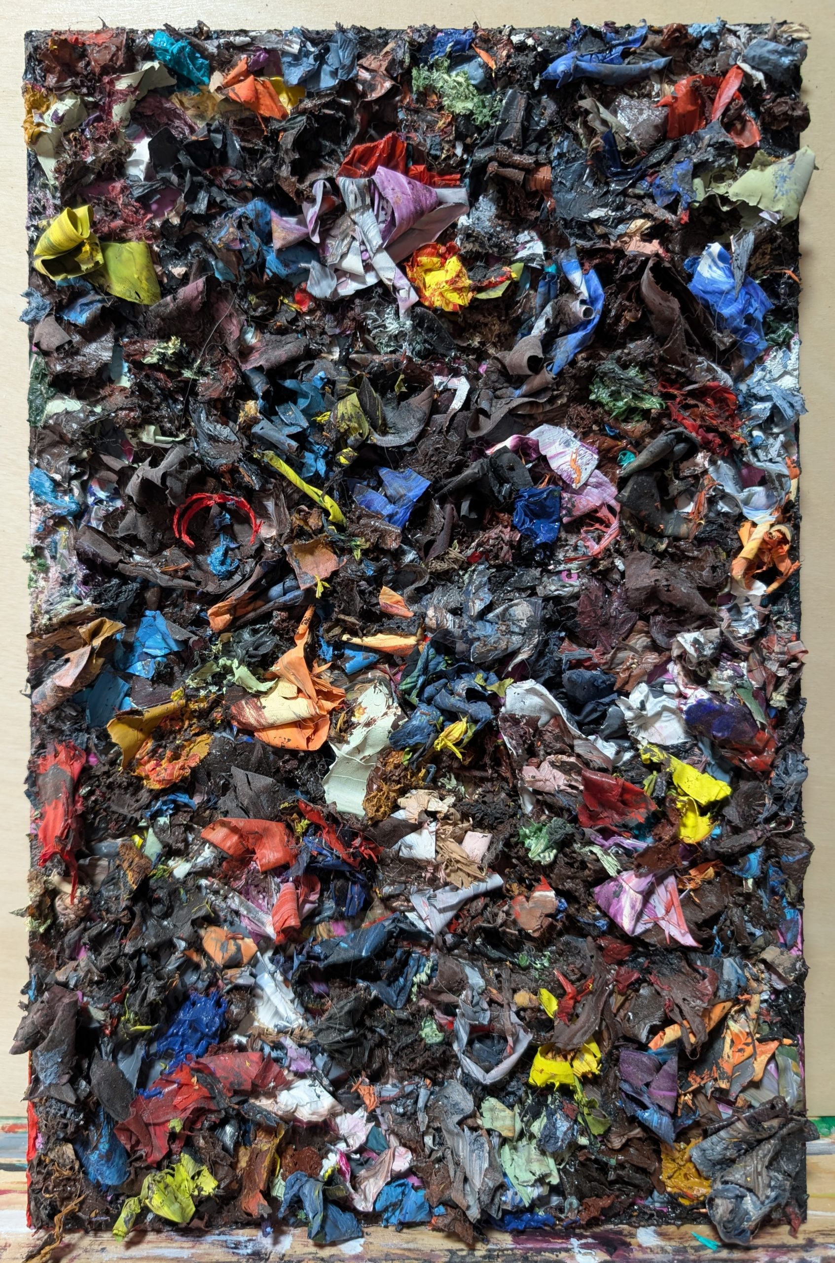 Thick ribbons and artifacts of oil paint on canvas. Abstract.