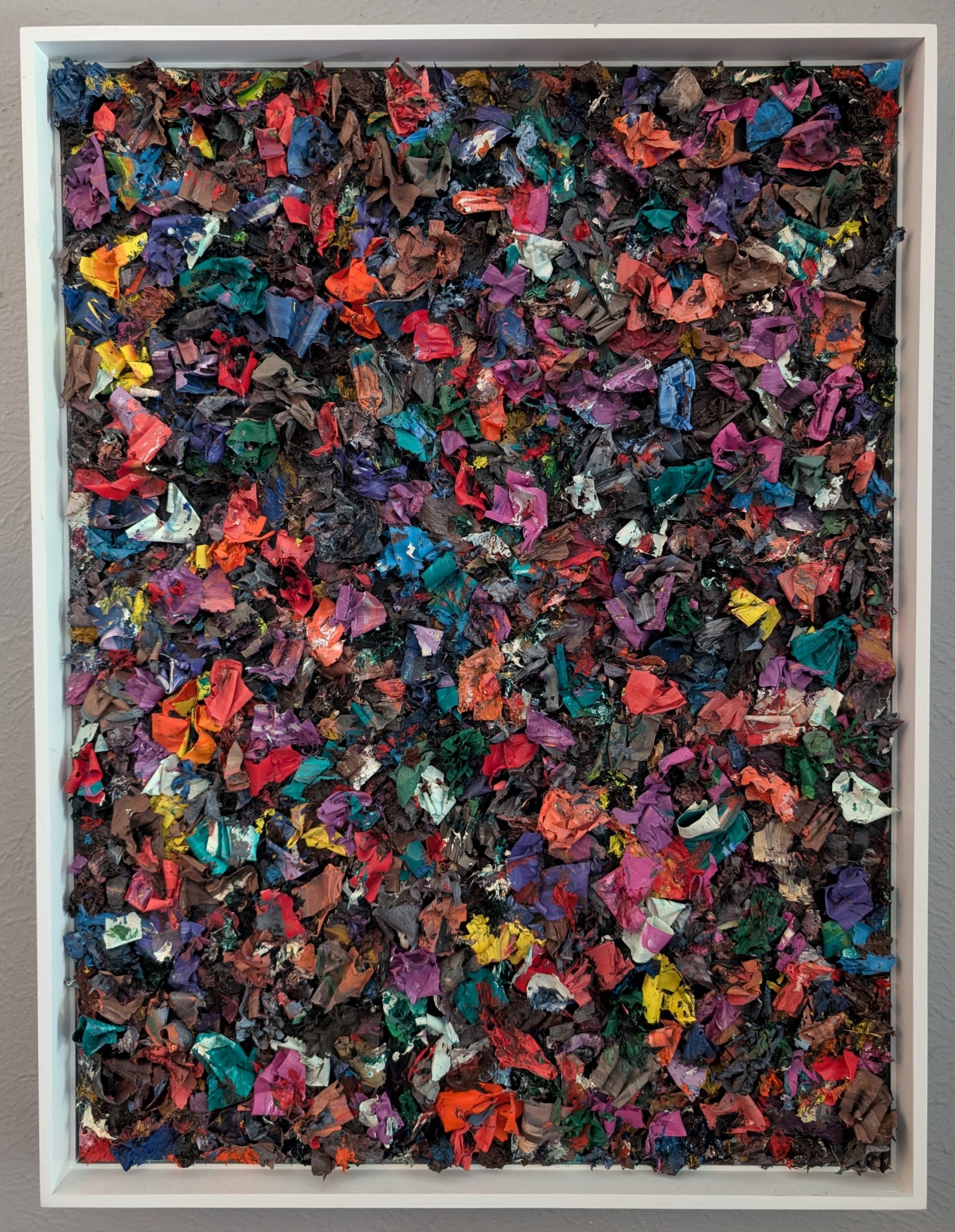 Thick ribbons and artifacts of oil paint on canvas. Abstract.