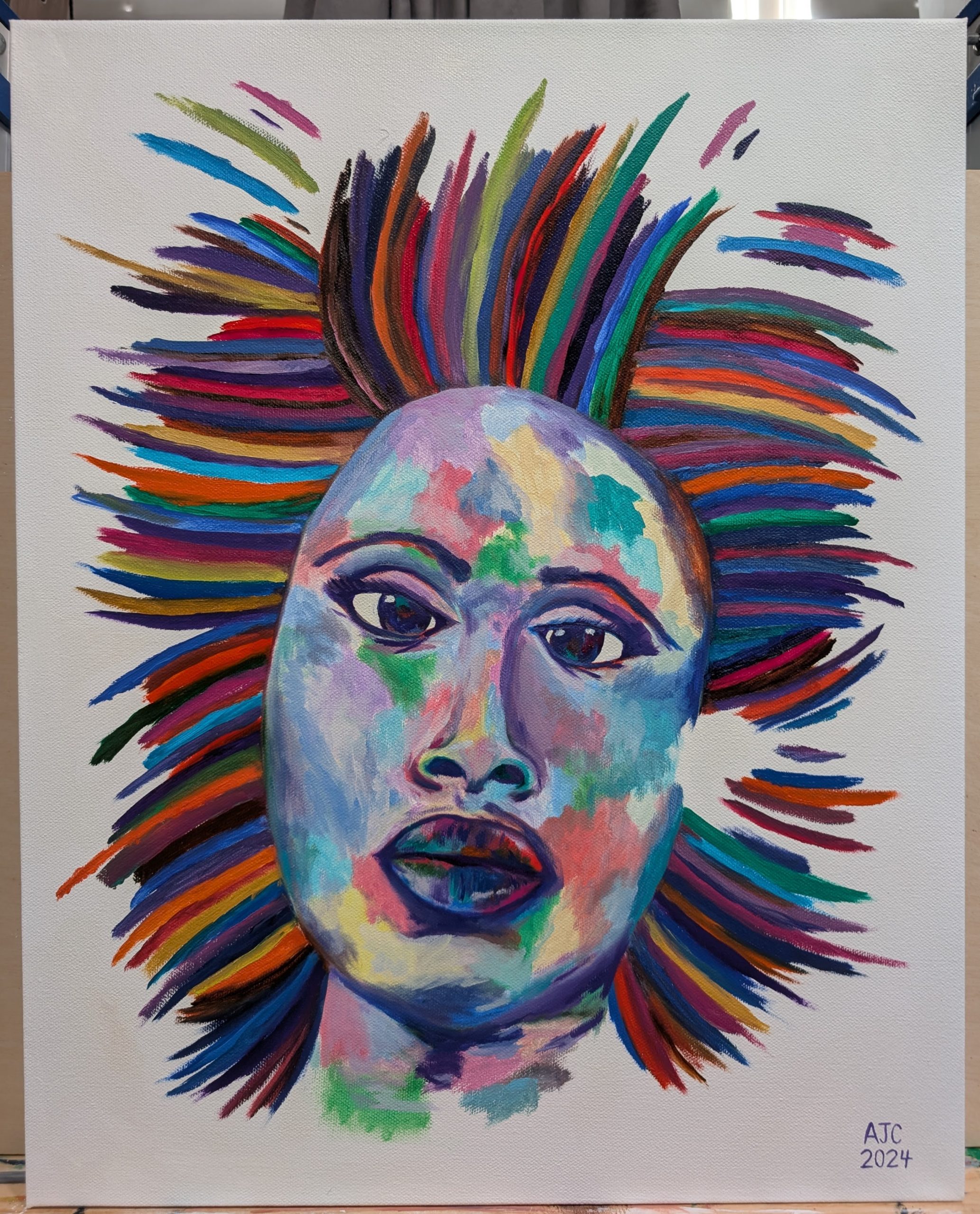 Oil painting of a face using mostly pure pigments. Loosely in the style of modern abstract impressionism.