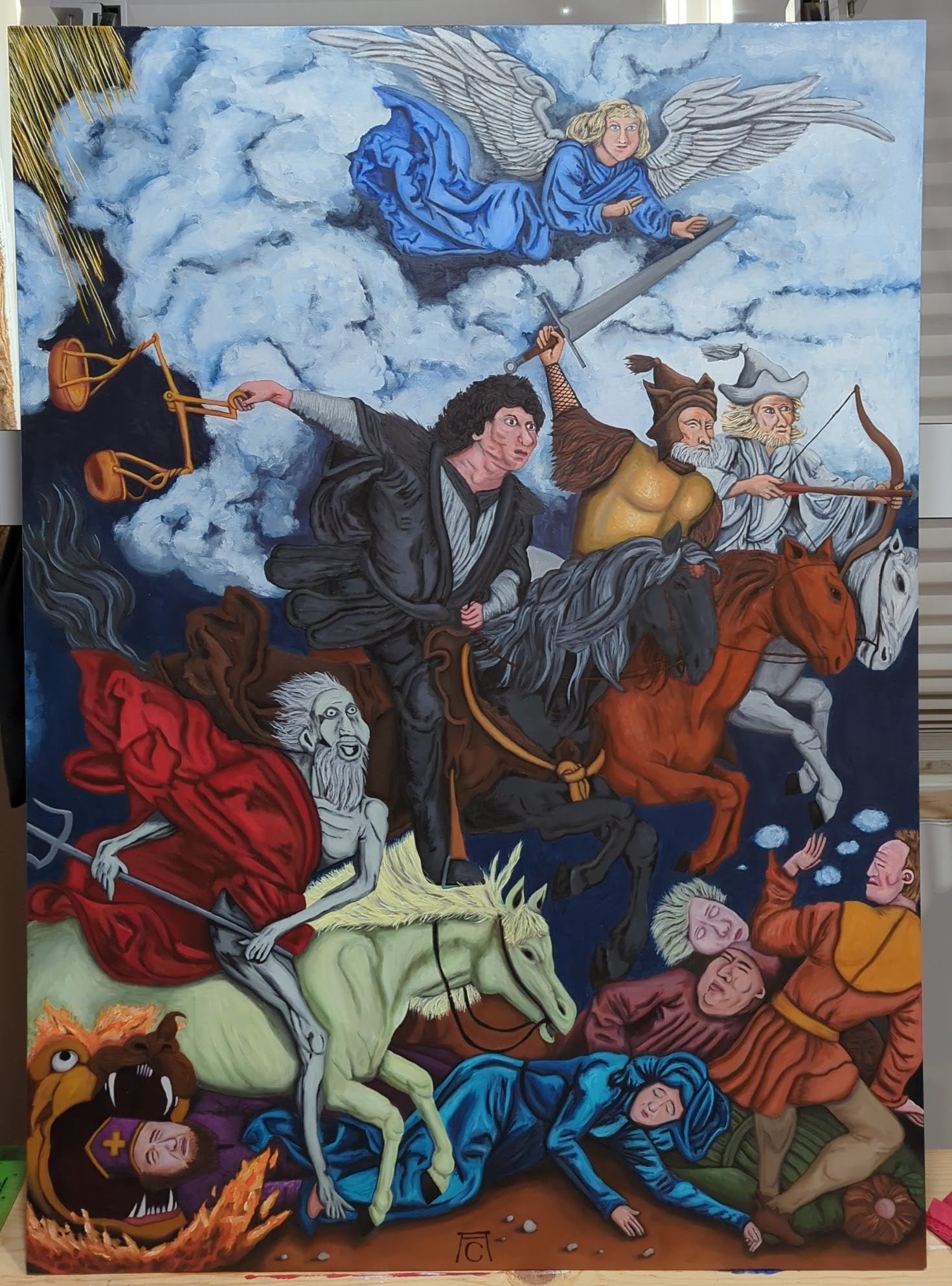 Oil painting version of the woodblock cut by Albrecht Duher titled The Four Horsemen of the Apocalypse. 