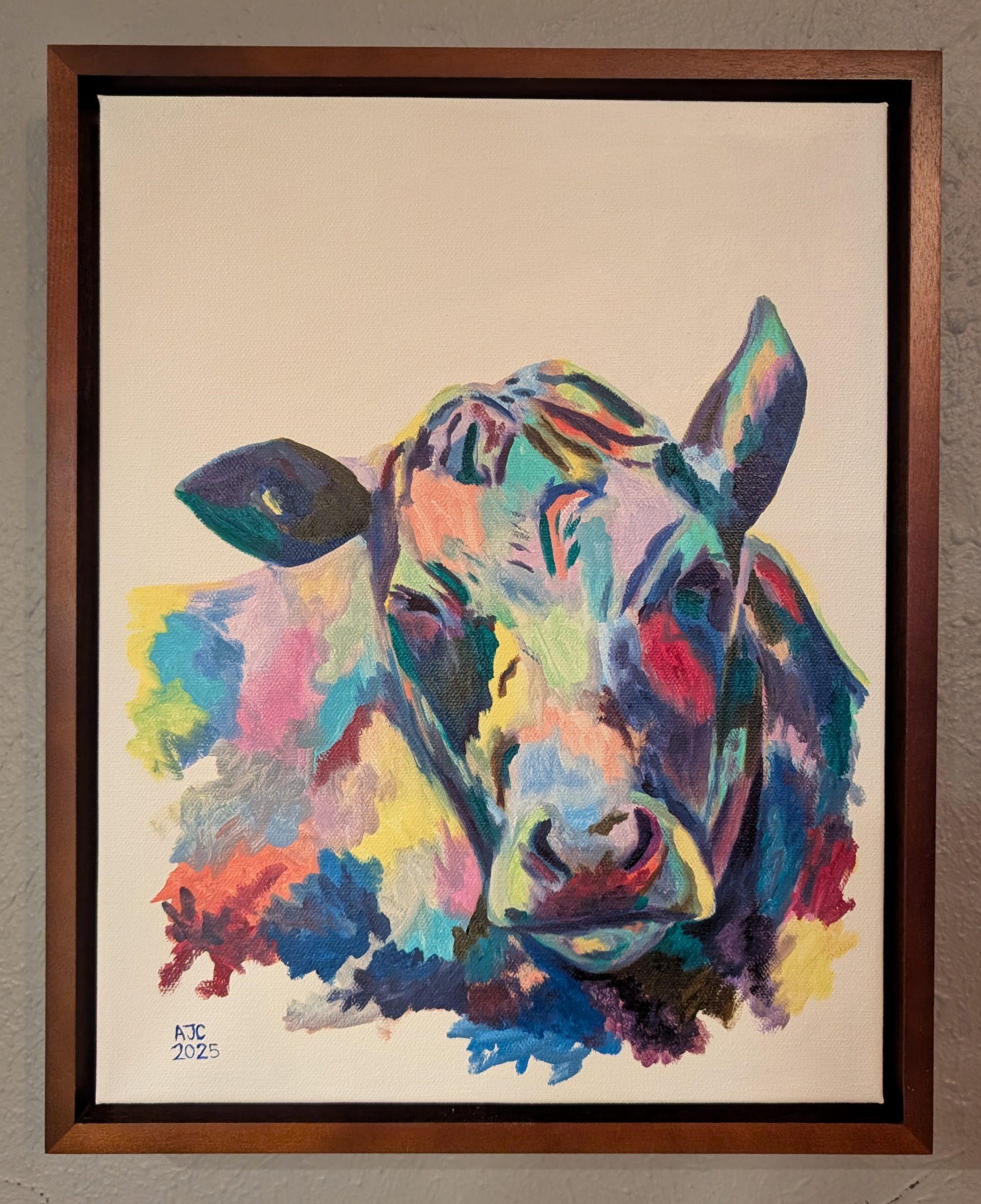 Oil painting of the bust of a cow. Style is loosely abstract impressionism. 