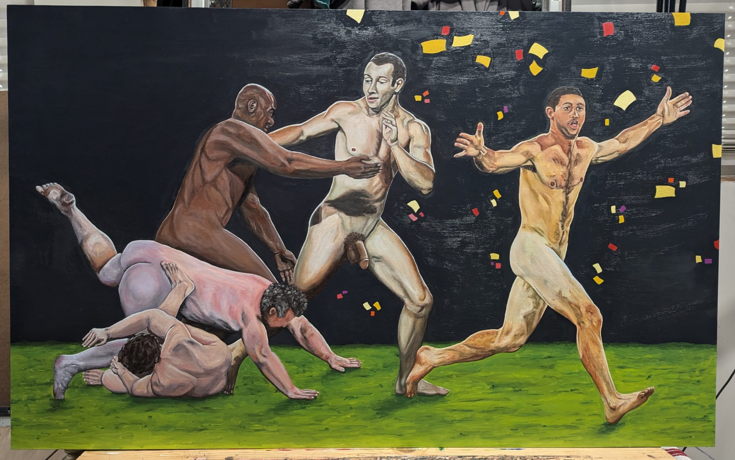 Oil painting of men streaking.