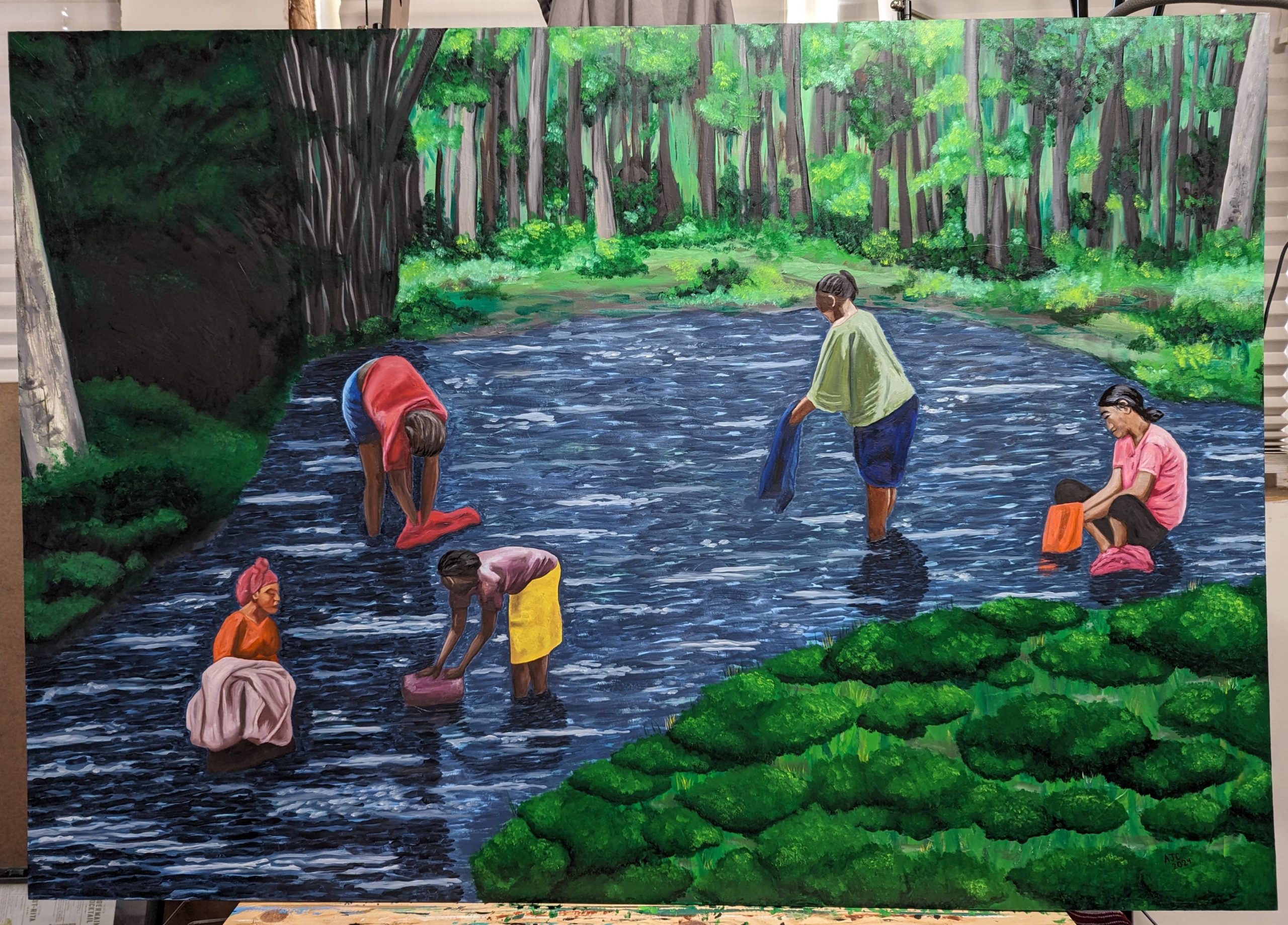 Oil painting of women washing clothes in a stream. 